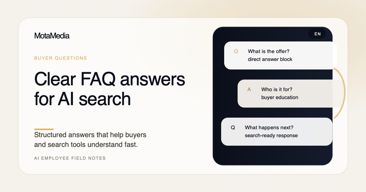 Question and answer cards representing buyer FAQs and AI search answer blocks.